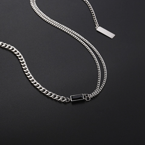 Double Layer Stainless Steel Cuban Chain Necklace With Rectangular Black Gemstone Pendant Hip Hop Punk Jewelry Unisex