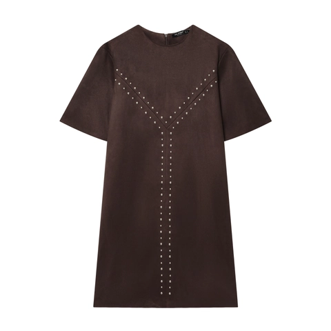 Women Short Sleeve Suede Texture Dress Rivet Detail Round Neck Solid Color Elegant Minimalism Fashion Dress