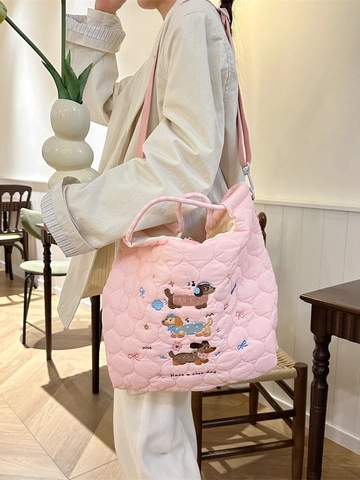 Bolso Tote Acolchado Bordado Animales Dibujos Animados Bolso De Hombro Acolchado Bandolera Informal Para Mujeres Niñas