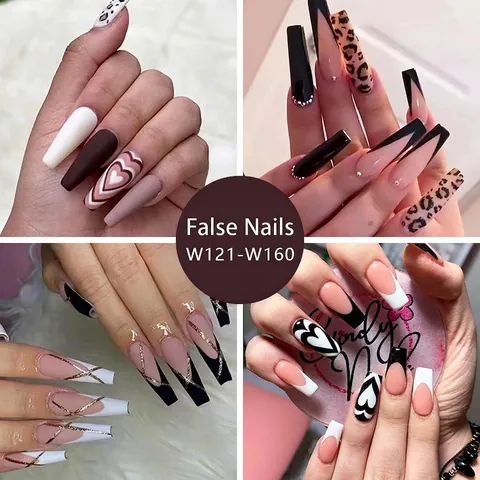 Press On Nails Long Coffin Shape False Nails Fashionable Artistic Patterns Manicure Extensions For Women DIY