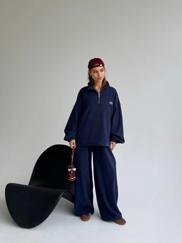 Felpa Con Zip A Un Quarto E Pantaloni Larghi Tuta In Pile Di Cotone Stile Americano Retrò Ricamata Per Donna