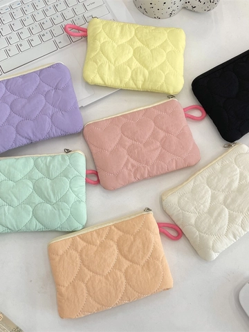 Heart Quilted Mini Coin Purse Macaron Color Polyester Zipper Portable Storage Bag For Lipstick Sanitary Napkins