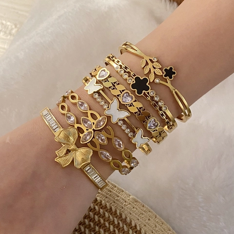 Fashion Bangle Stainless Steel Gold Plated Butterfly Flower Heart Zircon Hinged Cuff Bracelet Women Elegant Jewelry