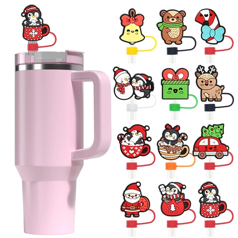 Weihnachten Strohhalm Aufsatz Silikon Wiederverwendbare Staubschutz Stecker Zubehör Weihnachtsmann Pinguin Rentier Schneemann Dekor