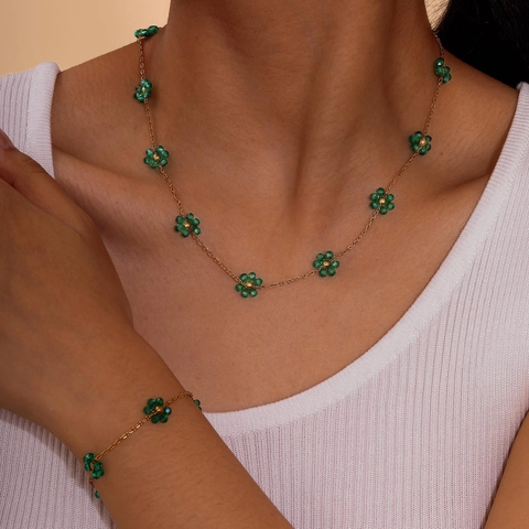 Flower Jewelry Gold Plated Stainless Steel Necklace And Bracelet With Imitation Artificial Pearl Green Crystal Daisy For Women