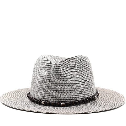 Cappello Fedora Di Paglia Da Donna Tesa Larga Protezione Solare Spiaggia Panama Jazz Con Fascia Decorativa In Perline Di Legno