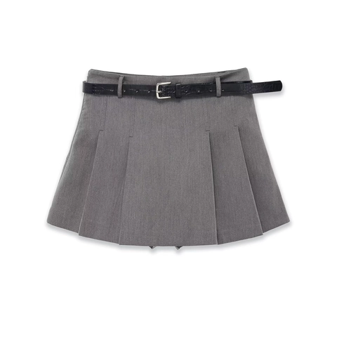 Damen Grauer Plissierter Minirock Hohe Taille A-Linie Polyester Streetwear Mit Schwarzem Gürtel Metallschnalle