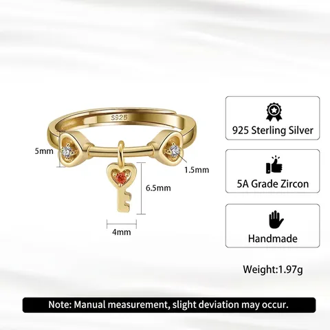 S925 Sterling Zilveren Hart Sleutel Hanger Open Ring Voor Vrouwen Verstellbare Luxe Zirconia Vingerring Sieraden Zoet Cadeau