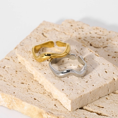 Minimalist Wavy Irregular Open Ring Stainless Steel 18K Gold Plated Fluid Line Adjustable Jewelry For Women