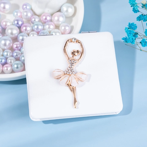 Vierkante Compacte Make-Up Spiegel PU Leer Opvouwbaar Dubbelzijdig Met Strass Ballerina Decoratie Voor Reizen