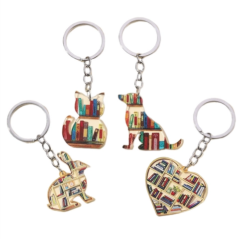 Portachiavi Libreria In Acrilico Motivo Biblioteca Colorata Forma Cuore Gatto Cane Coniglio Ciondolo Borsa