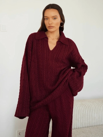 Damen Zopfstrick Baumwolle Polyester Revers V Ausschnitt Langarm Oversize Lockerer Pullover Und Hose Warm Lässig Streetwear