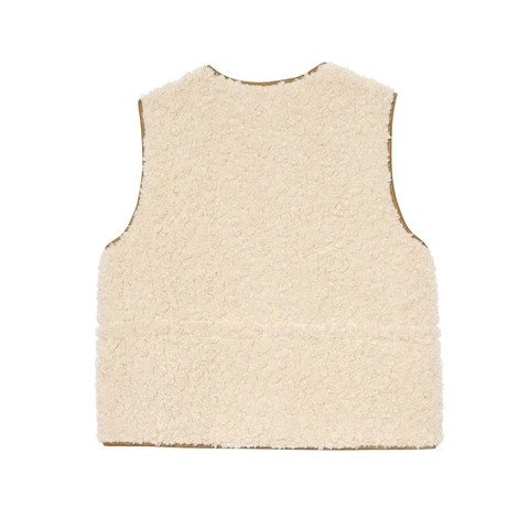 Dames Lamswol Vest Sherpa Mouwloos Rits Taille Strik Contrast Bies Casual Winter Bovenkleding