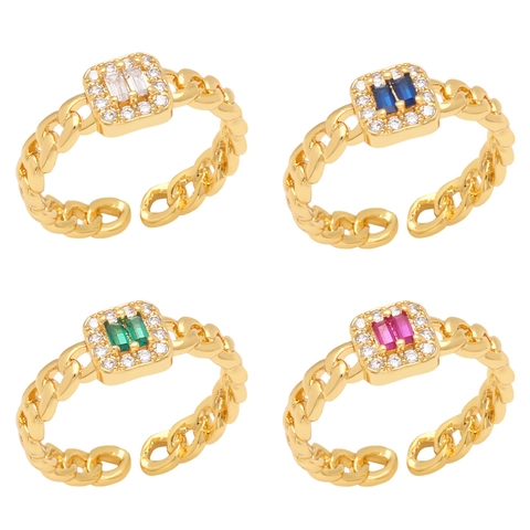 Verstelbare Ring Voor Dames Koper Zirkonia Dubbele Rechthoekige Steen Cuban Link Retro Elegante Statement Sieraden