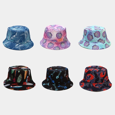 Omkeerbare Vissershoed Polyester Dubbelzijdig Zeedieren Haai Kwal Print Zonbescherming Strandmuts Voor Dames Heren
