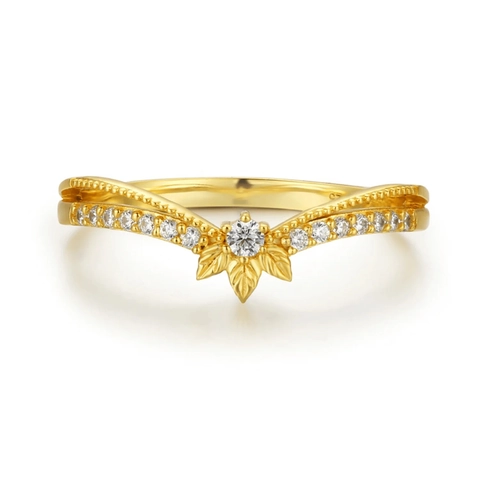 S925 Sterling Silver Double Layer V-Shape Pave Rhinestone Leaf Ring For Women Minimalist Fashion Western Style Finger Jewelry