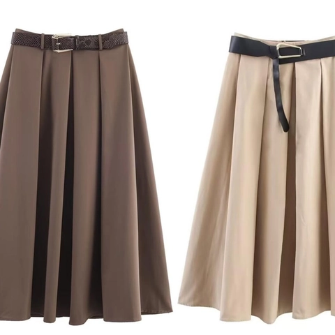 Women High Waist Pleated Midi Skirt With Belt Elegant Solid Color A-Line Flare Long Skirt Polyester