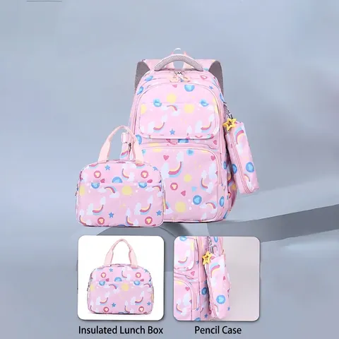 Backpack With Lunch Bag And Pencil Case Waterproof Oxford Cloth Spine Protection Cartoon Rainbow Print For School Kids