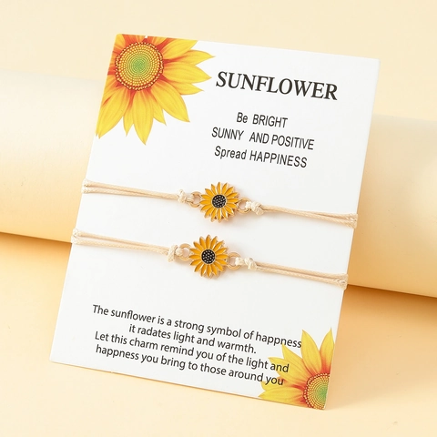 Sunflower Card Bracelet Set Hand-woven Wax Cord Alloy Enamel Daisy Charm Adjustable Friendship Bracelet For Women Teens Gift