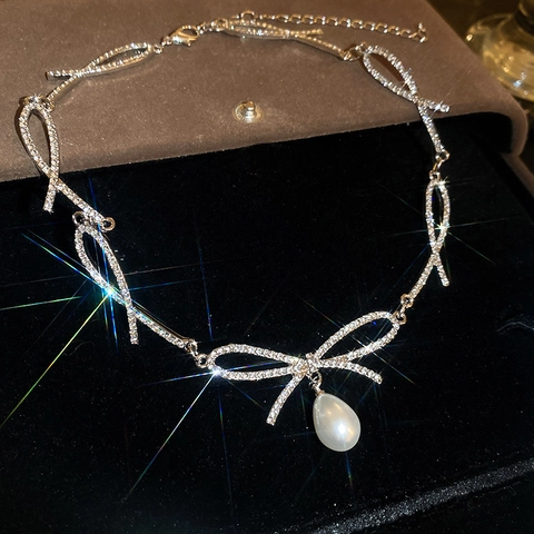 Collana Choker Fiocco Perla Artificial Strass Rame Catena Di Clavicvola Elegante Dolce Gioielli Di Moda Per Donne