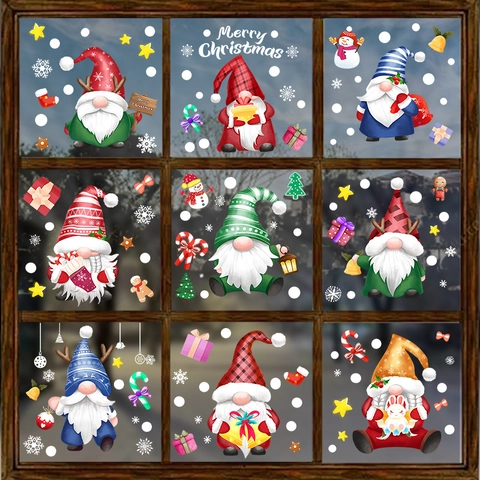 Christmas Gnome Window Stickers Static Cling PVC Reusable Double Sided Glass Door Decals Holiday Home Decor