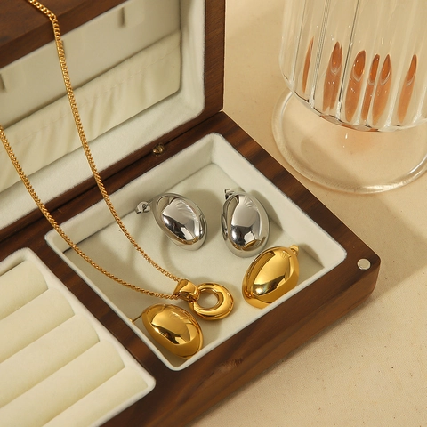 Chunky Oval Stud Earrings Stainless Steel High Polish Metallic Bean Shape Minimalist Statement Jewelry For Women