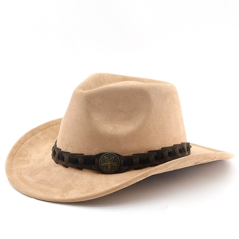 Cappello Da Cowboy Western Vintage Finta Pelle Scamosciata Tesa Larga Jazz Fedora Con Fascia Intrecciata E Stella