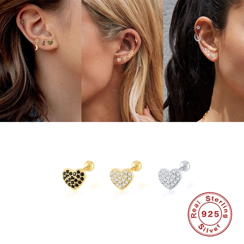 Orecchini a Bottone a Cuore in Argento Sterling 925 per Donna Pavé di Zirconia Chiusura a Vite Helix Gioielli Piercing