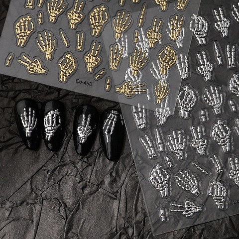 3D Nail Art Stickers Skeleton Hands Skull Embossed Metallic Colors Halloween Gothic Punk DIY Manicure