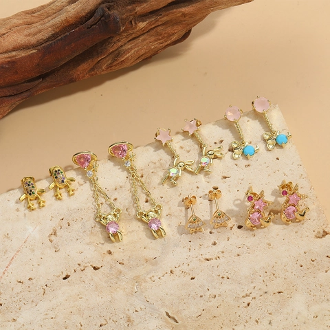 Cute Animal Stud Earrings Copper Colorful Zircon Inlaid Bear Rabbit Reindeer Design Gold Plated Elegant Jewelry For Women