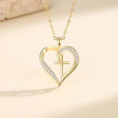 Heart Cross Necklace 925 Sterling Silver Hollow Zircon Pendant Religious Fashion Jewelry For Women