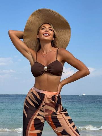 Bikini Top Bottom And Wide Leg Mesh Pants Ribbed Polyester Spandex Palm Leaf Print Beach Vacation For Women