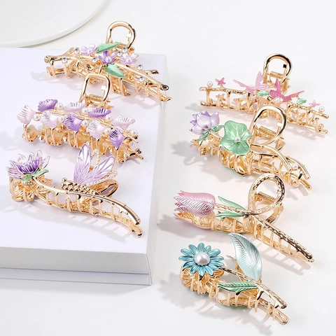 Floral Hair Claw Clip Alloy Painted Enamel Flower Butterfly Large Non Slip Elegant Grip Headpiece For Women Girls