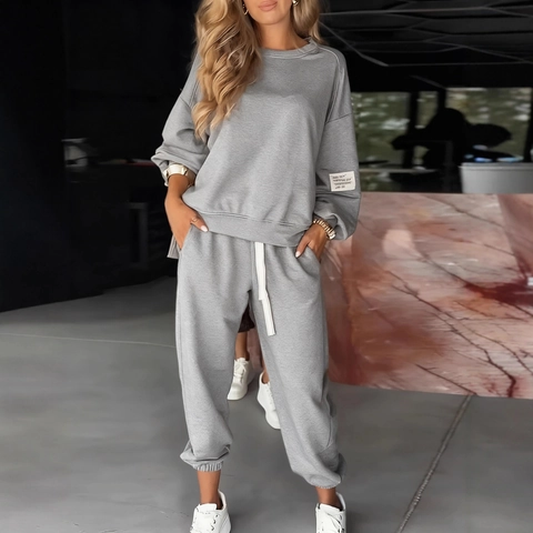 Women Loungewear Knit Long Sleeve Round Neck Sweatshirt And High Waist Drawstring Jogger Pants Solid Color