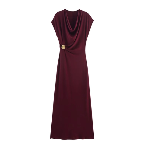 Elegant Sleeveless Cowl Neck Ruched Maxi Dress For Women Polyester Drape Solid Color With Gold Buckle Waist Detail