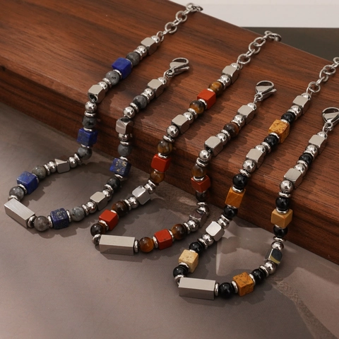 Pulsera De Cuentas De Lapislázuli Natural Y Piedra Paisaje Para Hombre Acero Inoxidable Joyería Retro