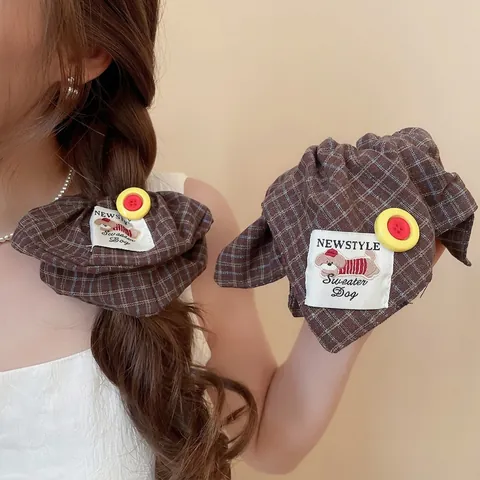 Retro Karierte Stoff Haarklammer Und Haargummi Mit Schleife Gelber Knopf Dekor Süße Hund Label Koreanischen Stil Frauen