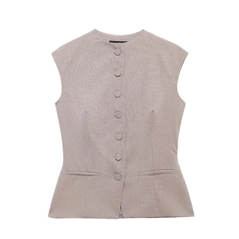 Dames Geruit Vest Top Houndstooth Mouwloos Ronde Hals Knopen Retro Kantoor Woon-Werkverkeer Mouwloos Vest Polyester