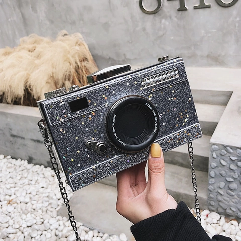 Camera Shaped Crossbody Bag PU Leather Sequin Glitter Star Pattern Handbag With Metal Chain Strap Evening Party Purse