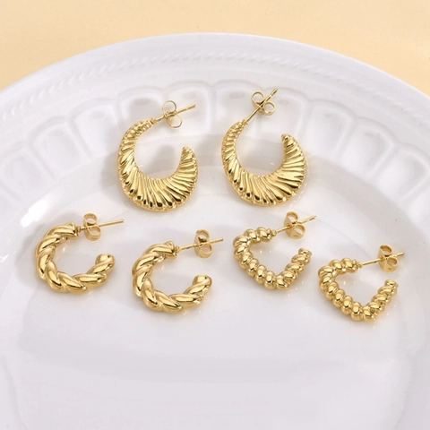 Stainless Steel Earrings 18K Gold Plated Geometric Hoop Textured Retro Exaggerated Fashion Jewelry Accessories For Women