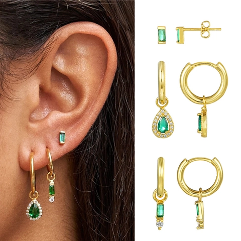 Orecchini Zircone Verde Smeraldo Retro Con Earring Post Cerchi E Perni Geometrici Vintage Placcati Oro