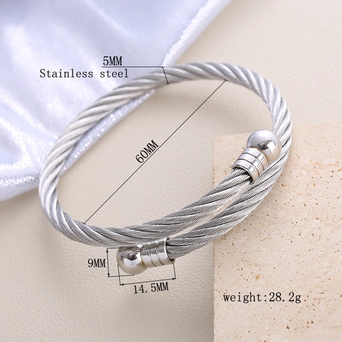 Pulsera De Brazalete De Cable Trenzado De Acero Inoxidable Con Extremos De Bola Redonda Joyería De Estilo Hip Hop