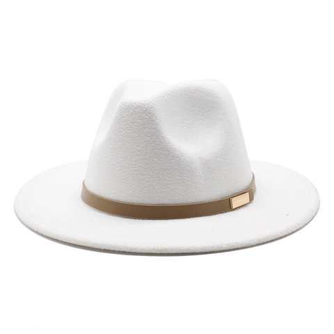 Classic Fedora Hat Wool Felt Wide Flat Brim Vintage Jazz Style For Men Women With Brown Leather Band Gold Buckle Accessory
