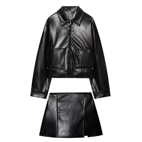 Giacca In Ecopelle E Minigonna Da Donna Streetwear PU Manica Lunga Top Con Cerniera Vita Alta Chic Outfit Neri