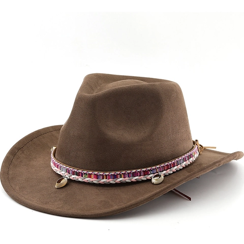 Western Cowboy Hat Suede Wide Brim Fedora With Ethnic Braided Band Shell Charms Vintage Bohemian Sun Hat For Women Men