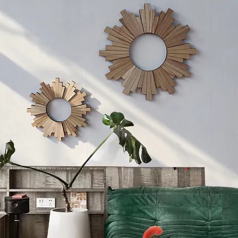 Espejo De Pared Solar Decoración Colgante Madera Y Paja Tejida Diseño Radial Geométrico Estilo Bohemio Nórdico Para Sala