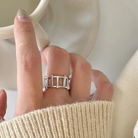 Anello In Argento Sterling 925 Da Donna Geometrico Traforato Minimalista Stile INS Apertura Regolabile