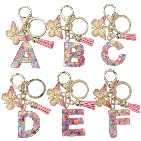 Resin Alphabet Letter Keychain With Butterfly Charm Pink Tassel Heart Sequins Initial A-Z Keyring For Women Girls Fashion Jewelry