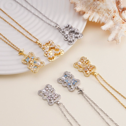 Copper Zirconia Bear Pendant Necklace For Women Artificial Pearl Light Luxury Fashion Bear Clavicle Chain Jewelry Gift