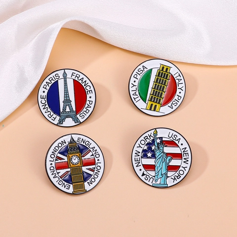 Welt Wahrzeichen Emaille Anstecknadel Broschen Zinklegierung Rund Landesflagge Muster Reise Souvenir Abzeichen Unisex